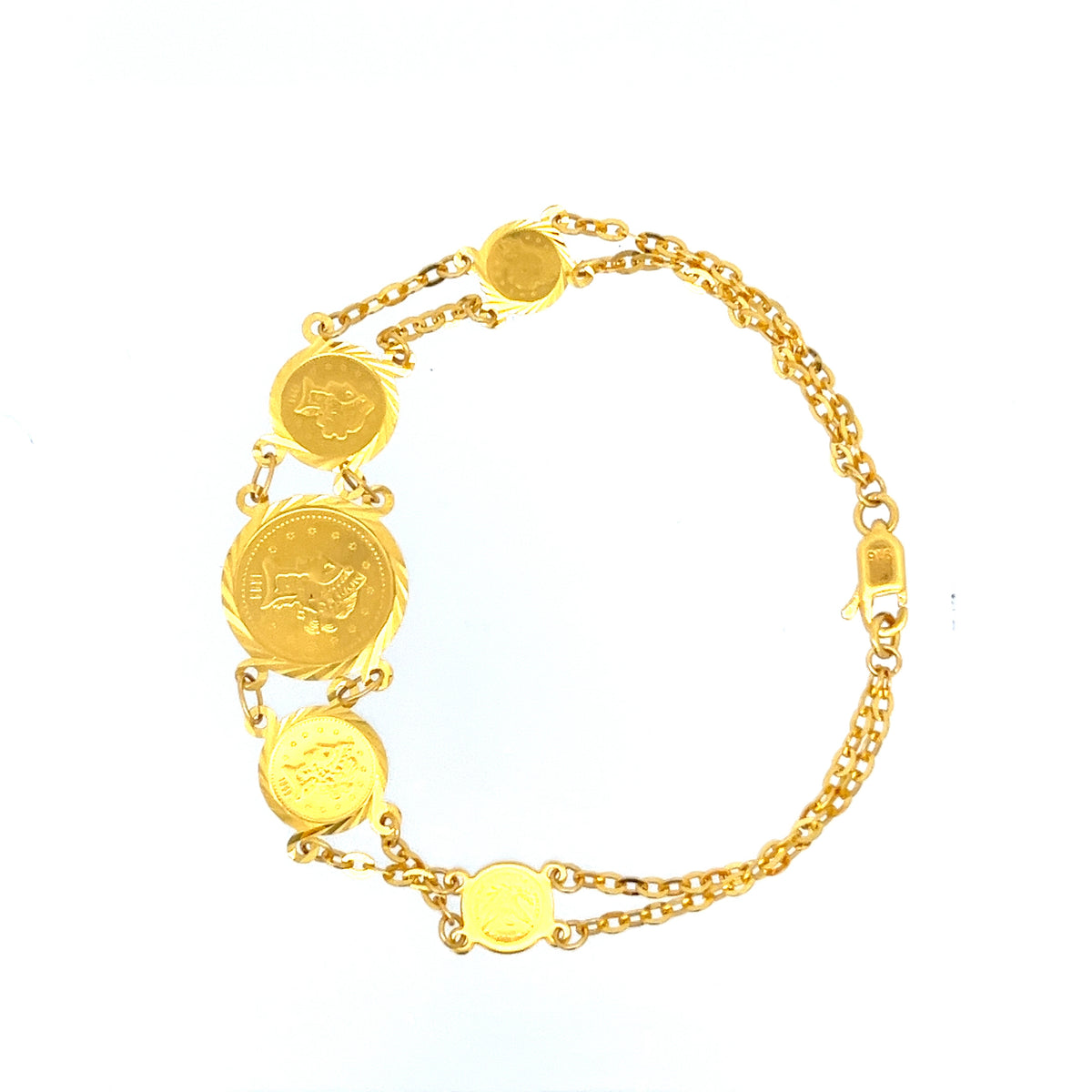 22ct Gold Double Chain Bracelet with Coin Disc Design