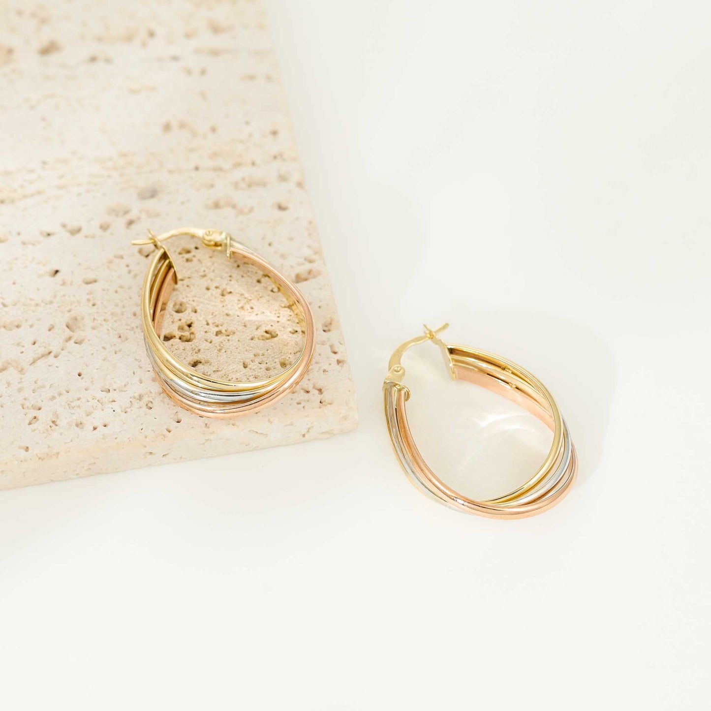 9ct Tri Colour Medium Hoop Earrings