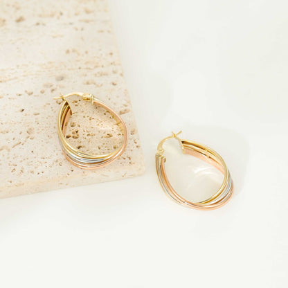 9ct Tri Colour Medium Hoop Earrings