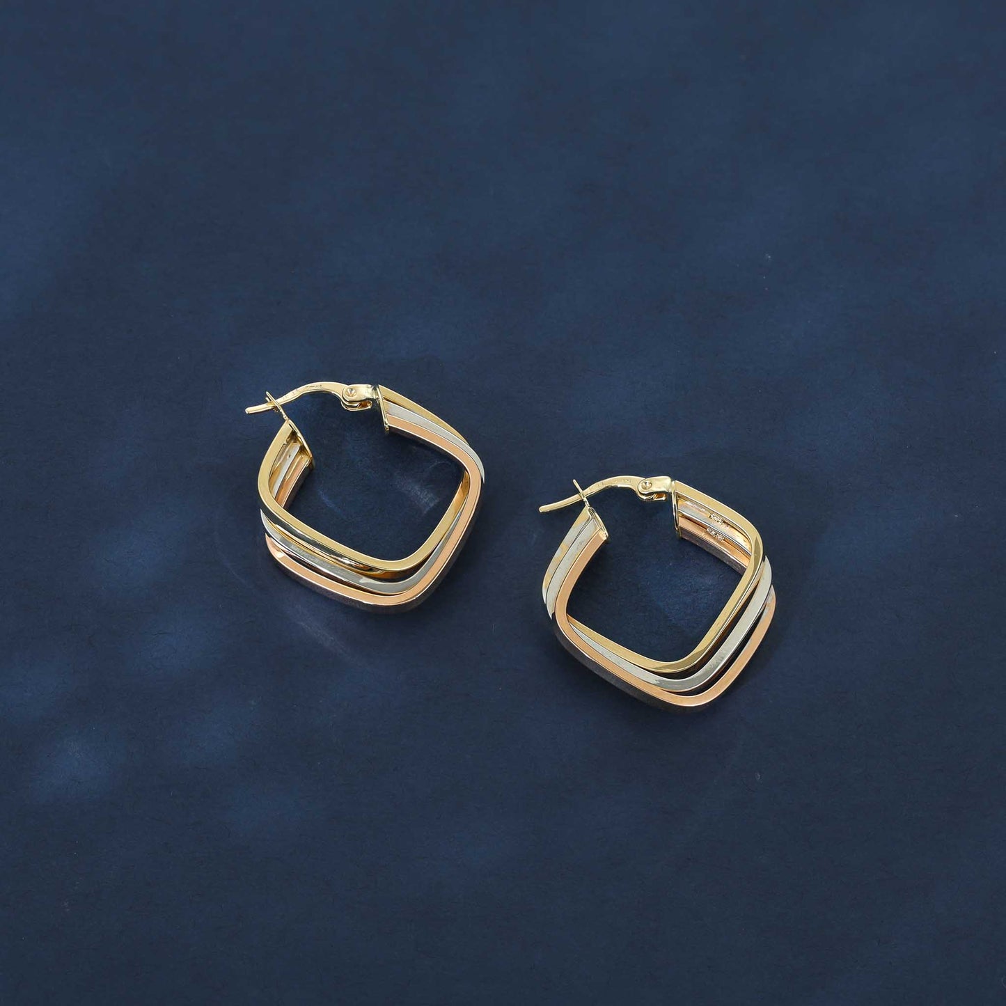 9ct Gold Tri Colour Square Hoop Earrings