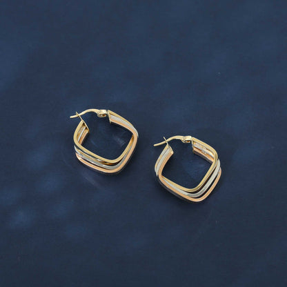 9ct Gold Tri Colour Square Hoop Earrings