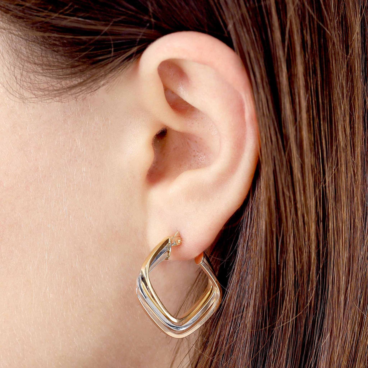 9ct Gold Tri Colour Square Hoop Earrings