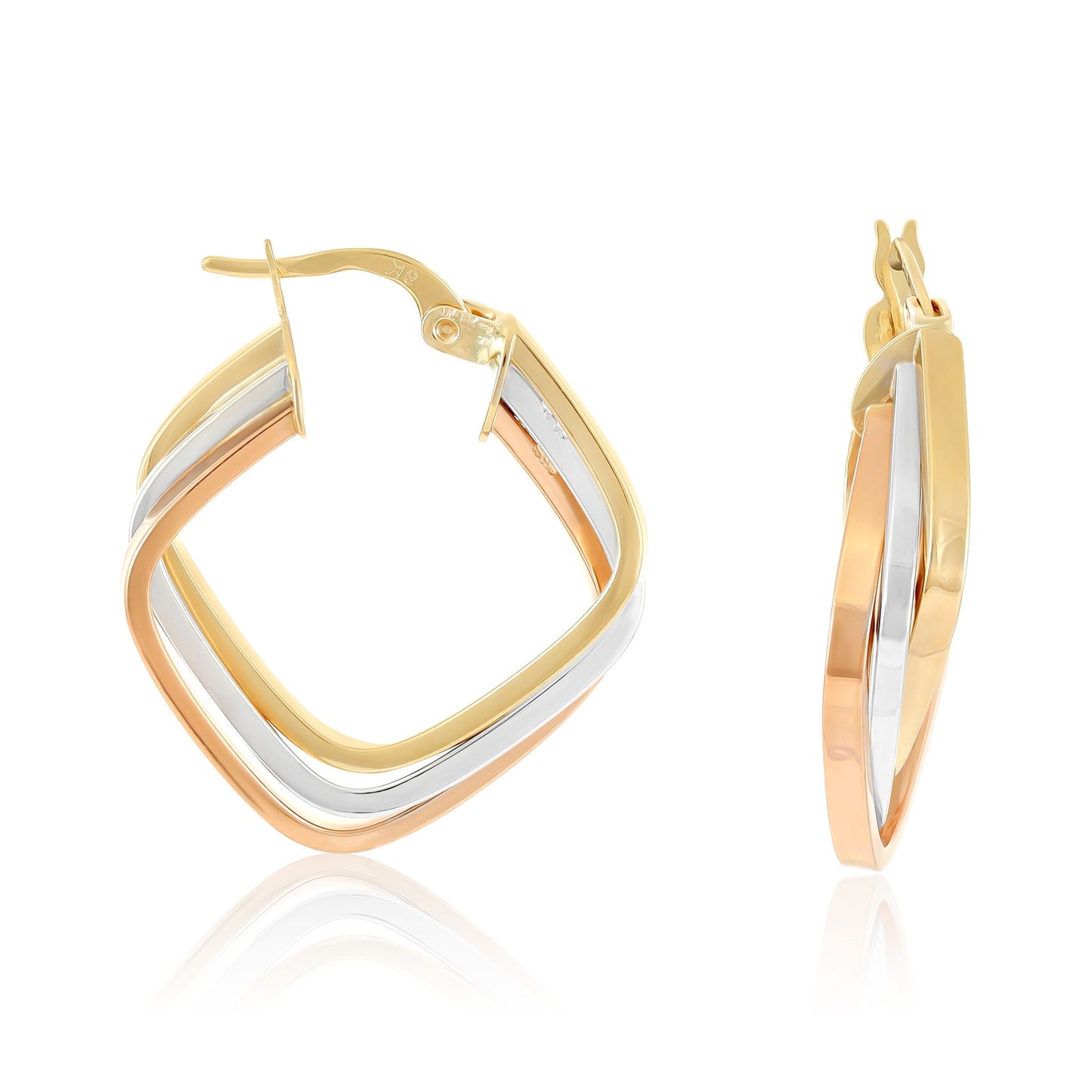 9ct Gold Tri Colour Square Hoop Earrings