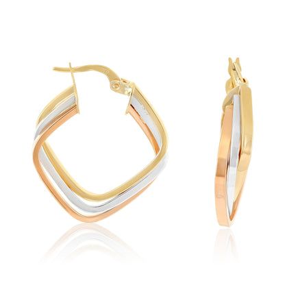 9ct Gold Tri Colour Square Hoop Earrings