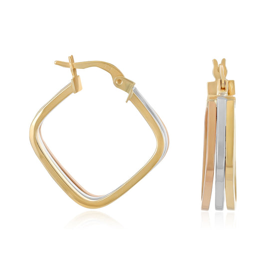 9ct Gold Tri Colour Square Hoop Earrings