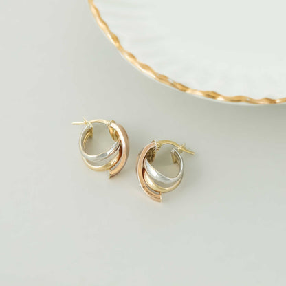 9ct Gold Tri Colour Twisted Detail Hoop Earrings