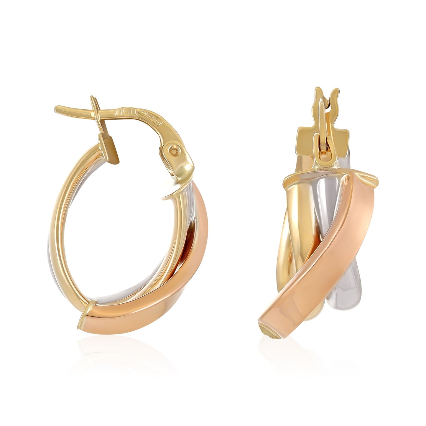 9ct Gold Tri Colour Twisted Detail Hoop Earrings