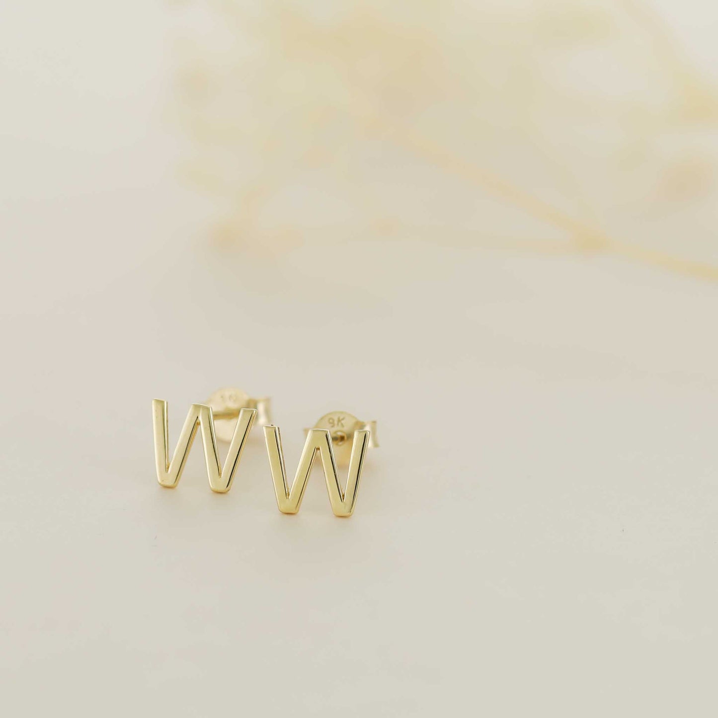 9ct Yellow Gold Initial Stud Earrings - Letter W