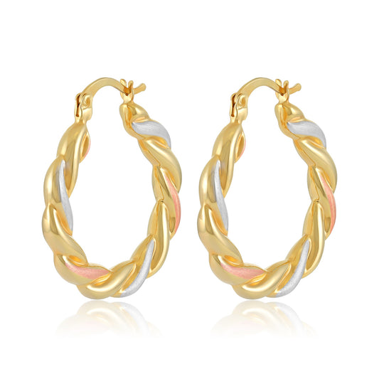 9ct Tri Colour Gold Braided Hoop Earrings
