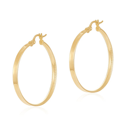 9ct Yellow Gold Track Edge Detail Hoop Earrings - 37mm