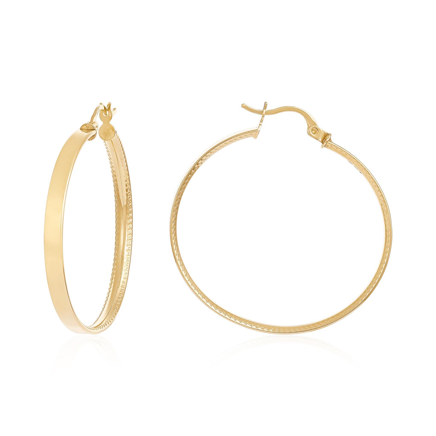 9ct Yellow Gold Track Edge Detail Hoop Earrings - 37mm