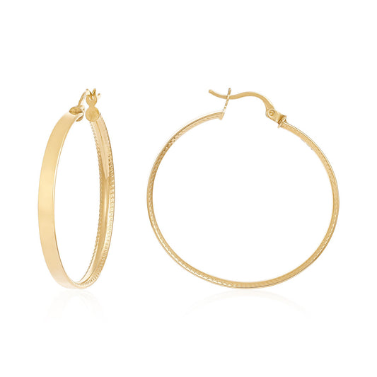 9ct Yellow Gold Track Edge Detail Hoop Earrings - 37mm