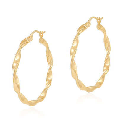9ct Yellow Gold Twisted Detail Hoop Earrings - 34mm