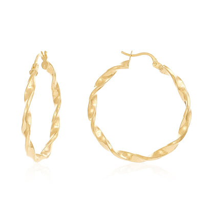 9ct Yellow Gold Twisted Detail Hoop Earrings - 34mm