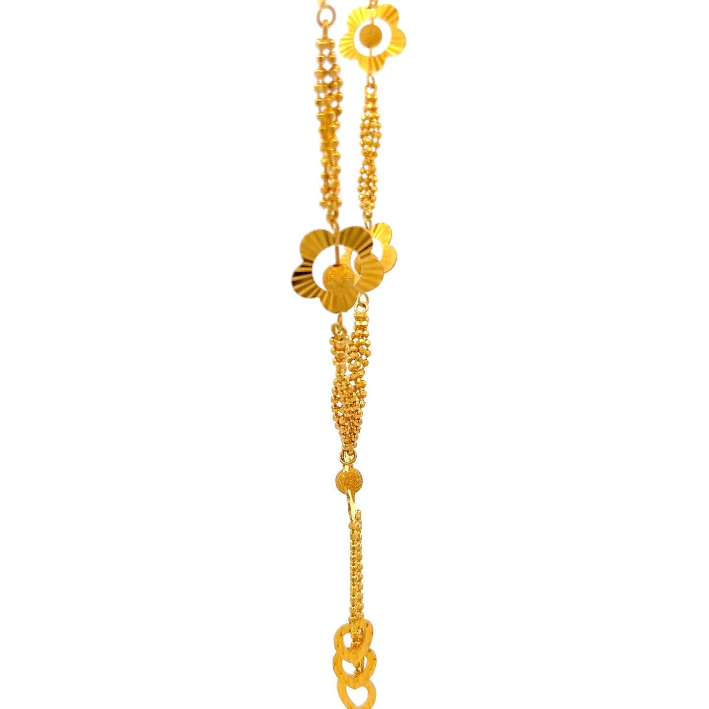 22ct Gold Floral Link Necklace with Heart Drop Charms