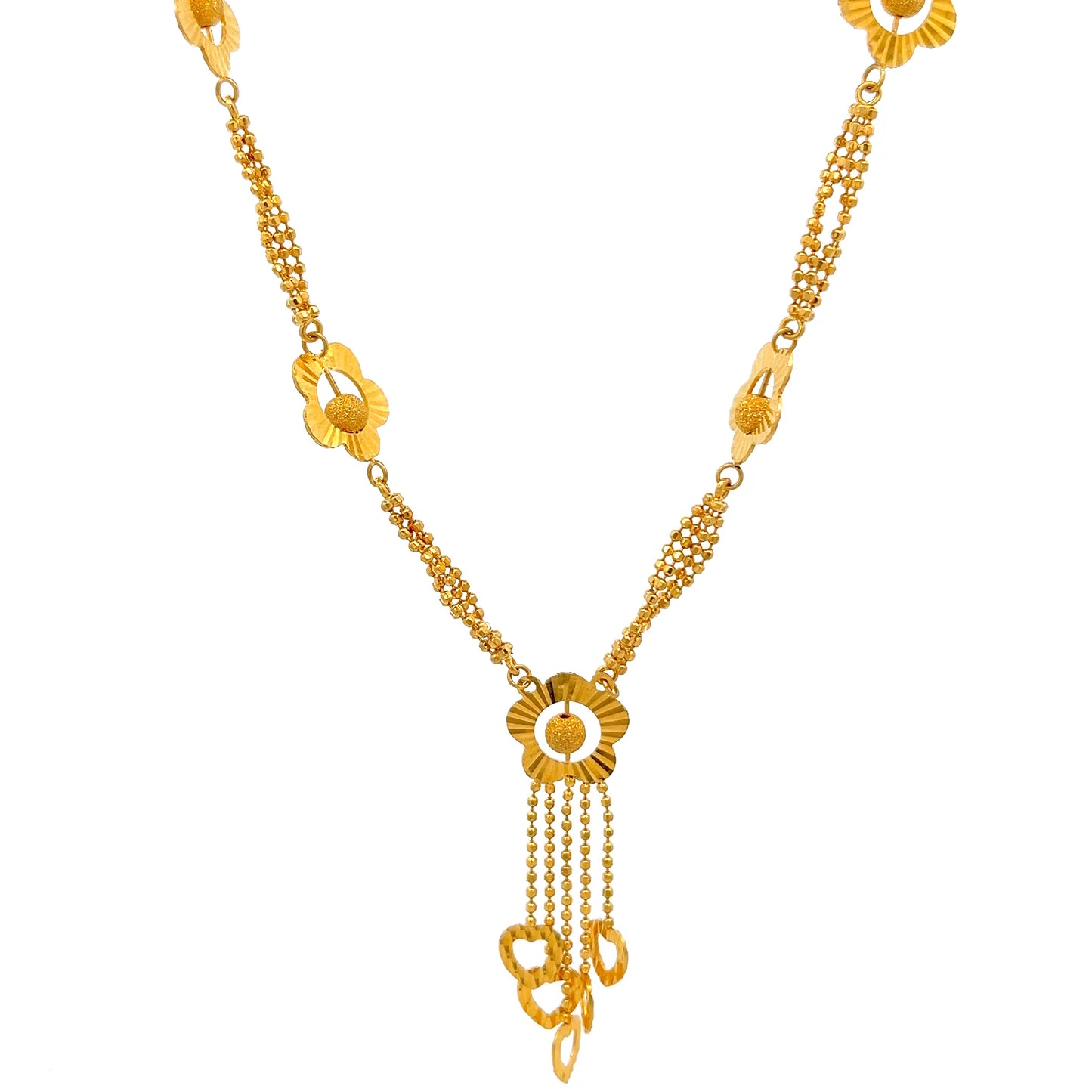 22ct Gold Floral Link Necklace with Heart Drop Charms