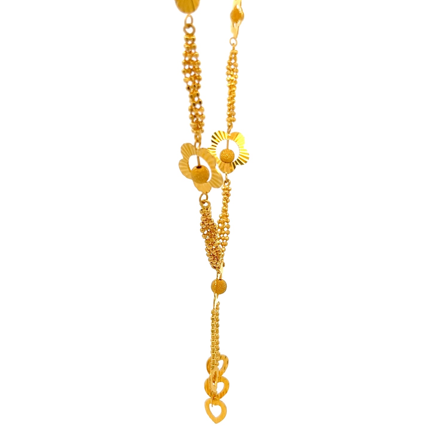 22ct Gold Floral Link Necklace with Heart Drop Charms