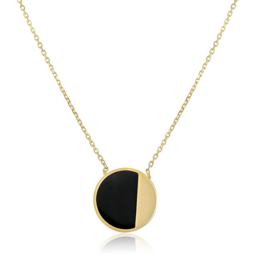9ct Yellow Gold Circle Black Stone Pendant Necklace