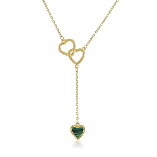 9ct Yellow Gold Double Heart Green Stone Pendant Necklace
