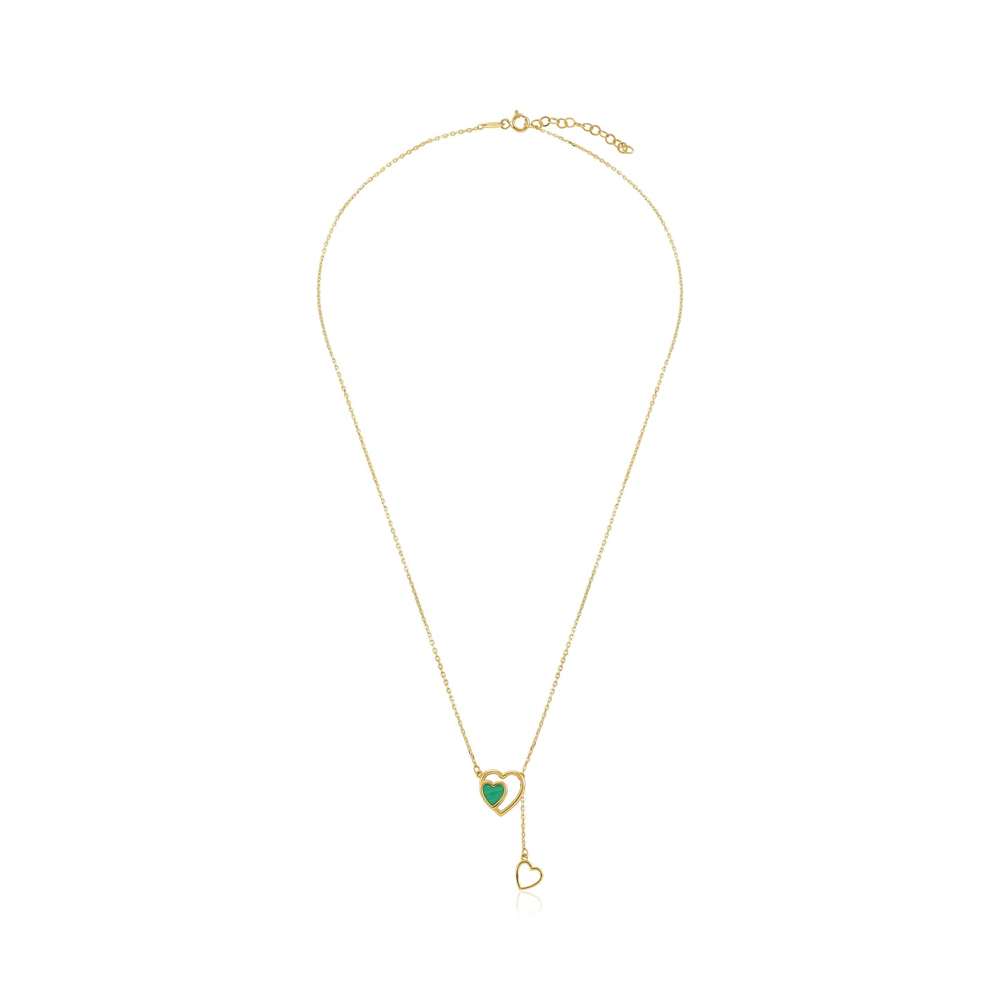 9ct Yellow Gold Duble Heart Green Stone Pendant Necklace