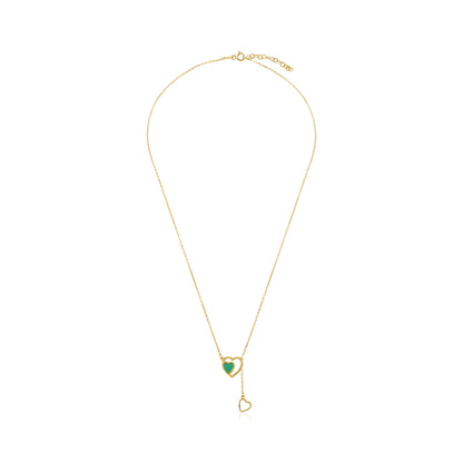 9ct Yellow Gold Duble Heart Green Stone Pendant Necklace