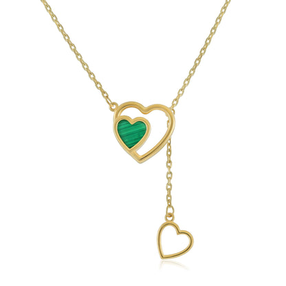 9ct Yellow Gold Duble Heart Green Stone Pendant Necklace