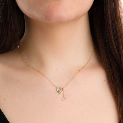 9ct Yellow Gold Duble Heart Green Stone Pendant Necklace
