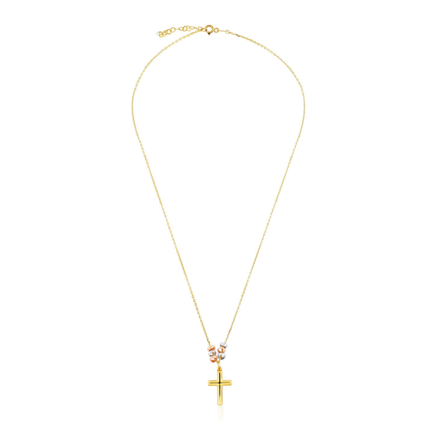 9ct Yellow Gold Tri Color Bead Cross Pendant Necklace