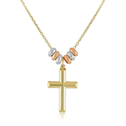 9ct Yellow Gold Tri Color Bead Cross Pendant Necklace