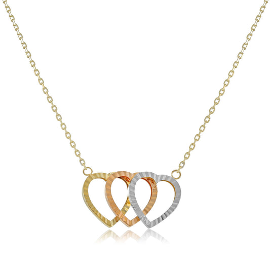 9ct Tri Colour Gold Triple Heart Pendant Necklace