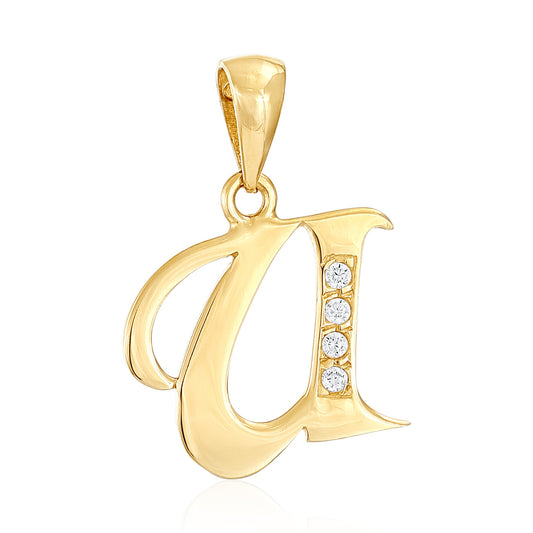 14ct Yellow Gold Cubic Zirconia Fancy Initial Letter U Pendant