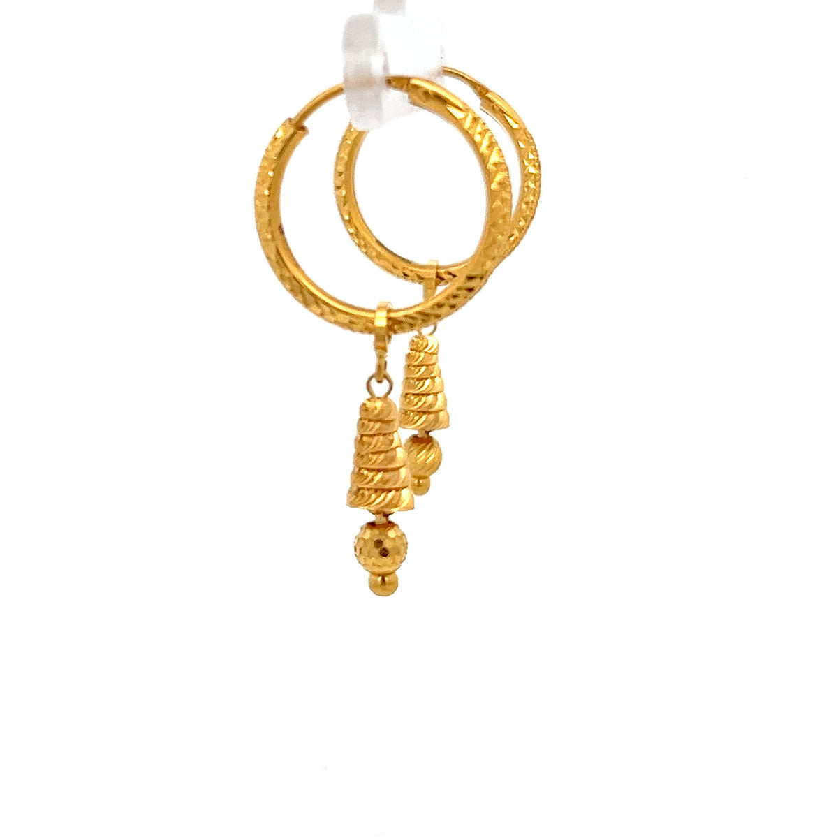 22ct Gold Textured Hoop Drop Earrings with Ribbed Pendant
