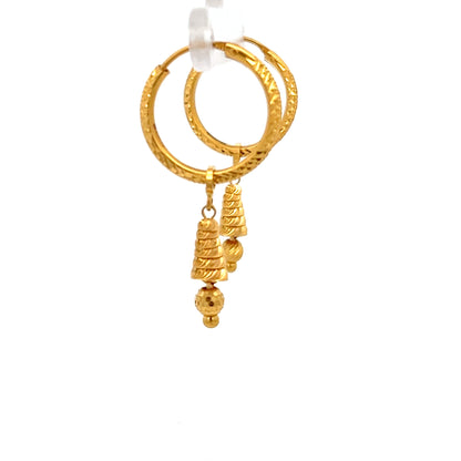 22ct Gold Textured Hoop Drop Earrings with Ribbed Pendant