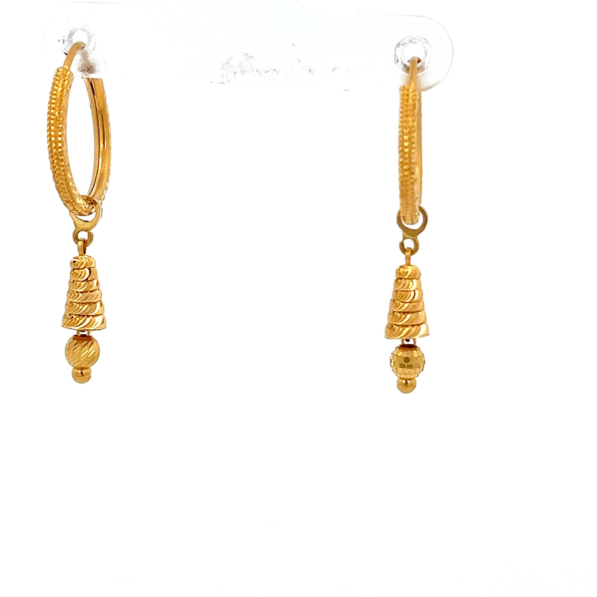 22ct Gold Textured Hoop Drop Earrings with Ribbed Pendant