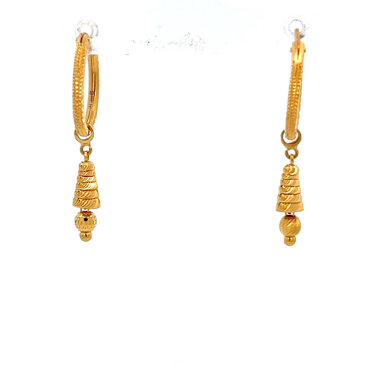 22ct Gold Textured Hoop Drop Earrings with Ribbed Pendant