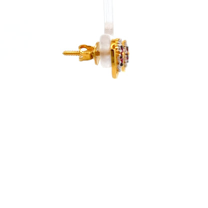 22ct Gold Floral Cluster Stud Earrings with Clear and Red Stones