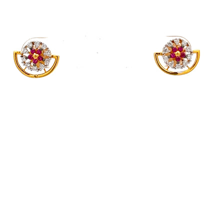 22ct Gold Floral Cluster Stud Earrings with Clear and Red Stones