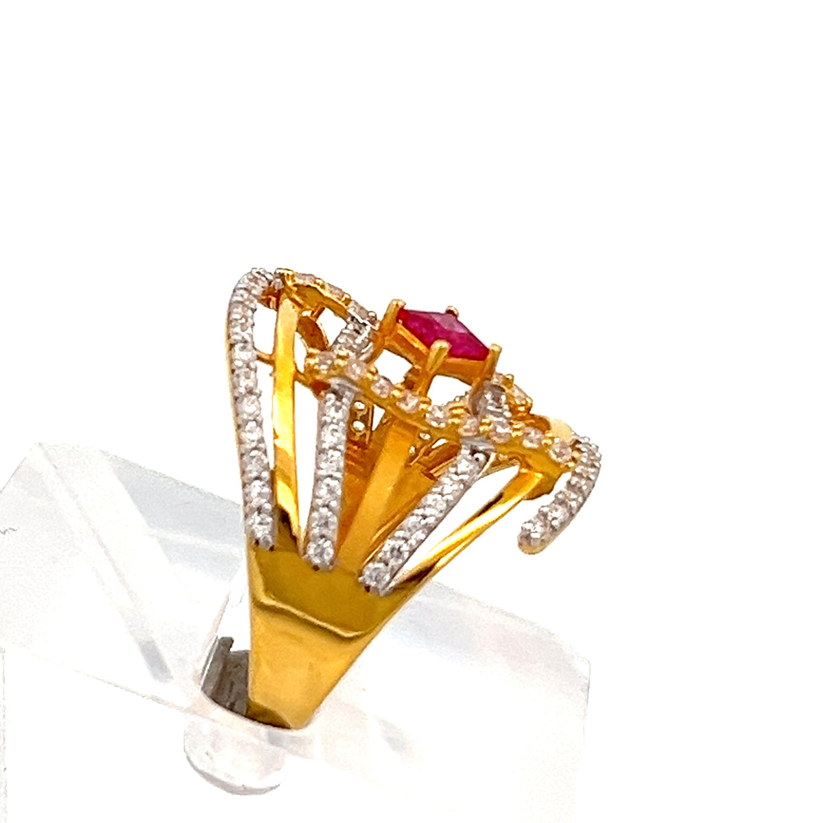22ct Gold Red Central Stone Ring with Clear Stone Shoulders