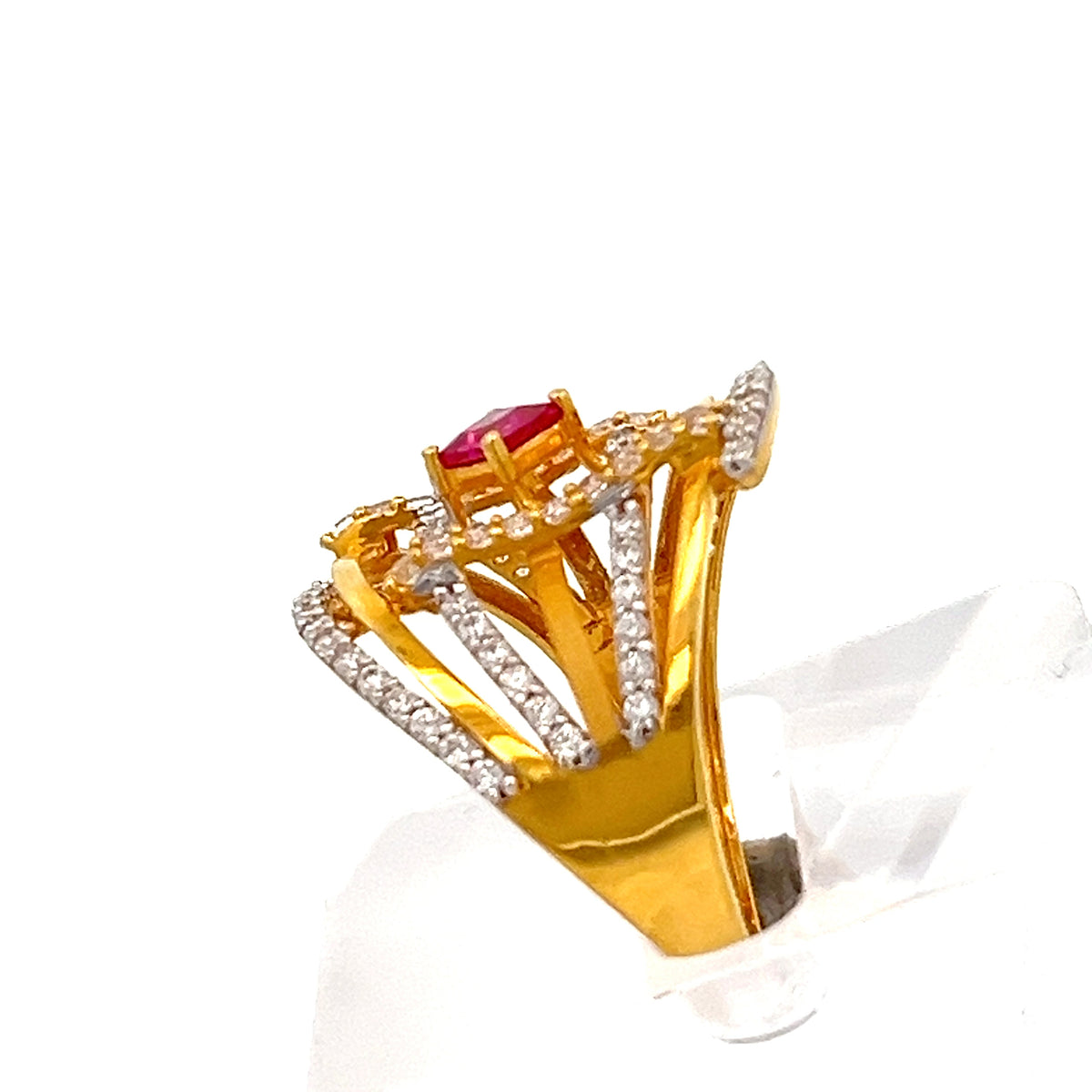 22ct Gold Red Central Stone Ring with Clear Stone Shoulders