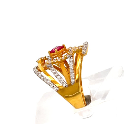 22ct Gold Red Central Stone Ring with Clear Stone Shoulders