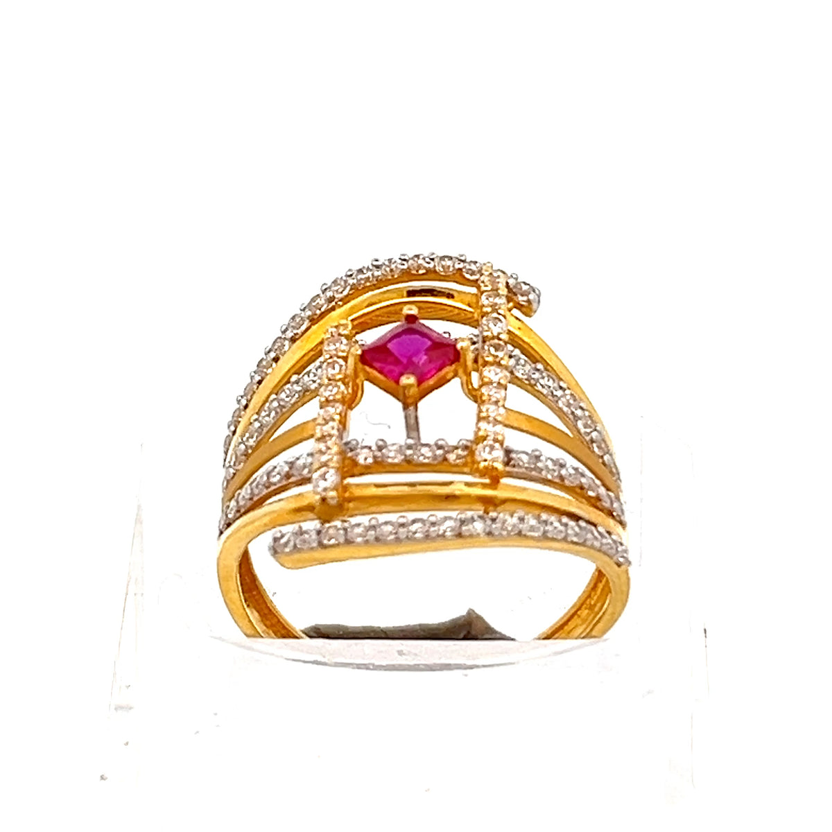 22ct Gold Red Central Stone Ring with Clear Stone Shoulders
