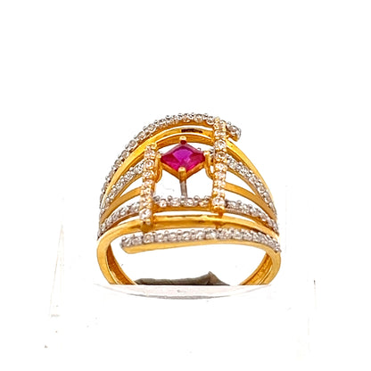 22ct Gold Red Central Stone Ring with Clear Stone Shoulders