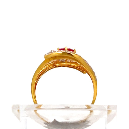 22ct Gold Red Central Stone Ring with Clear Stone Shoulders