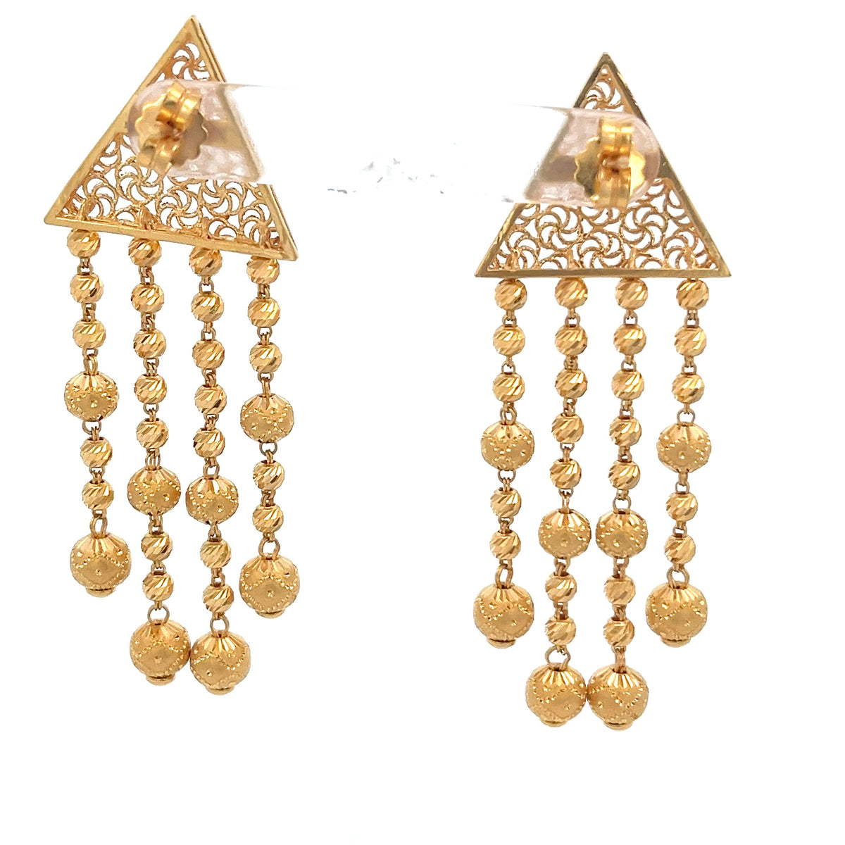 22ct Gold Filigree Triangle Drop Earrings with Beaded Tassels