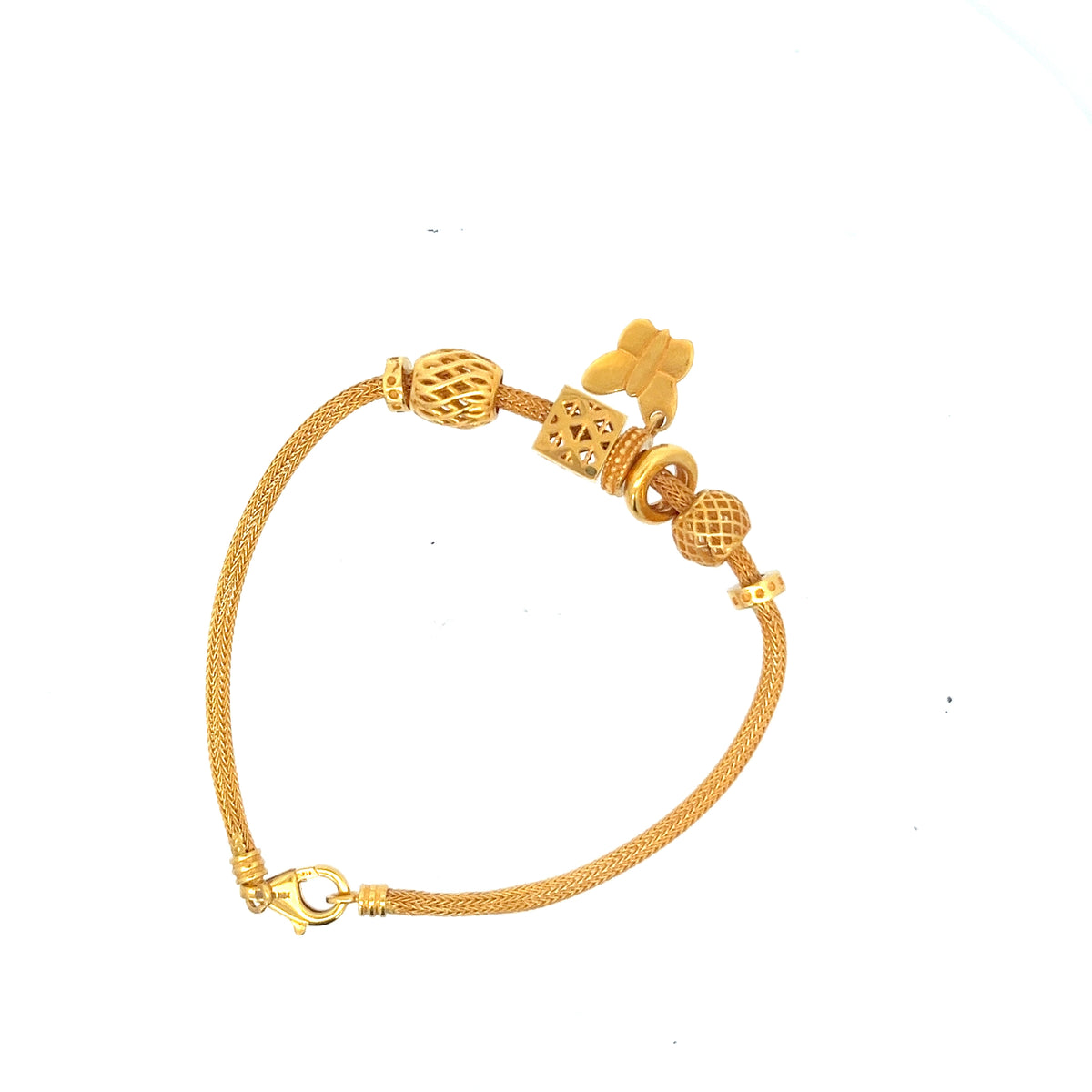 22ct Gold Woven Bracelet with Butterfly and Beaded Charms
