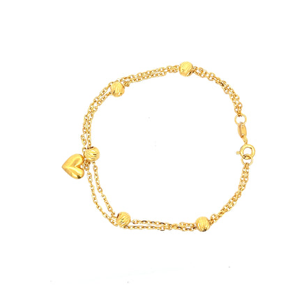 22ct Gold Double Chain Bracelet with Textured Beads and Heart