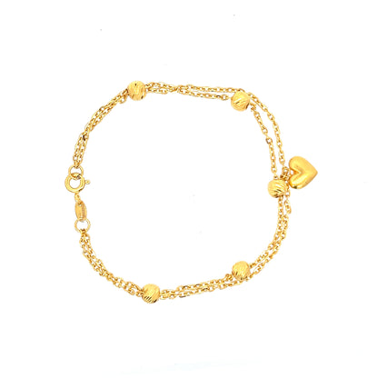 22ct Gold Double Chain Bracelet with Textured Beads and Heart