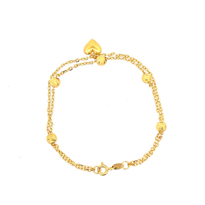 22ct Gold Double Chain Bracelet with Textured Beads and Heart