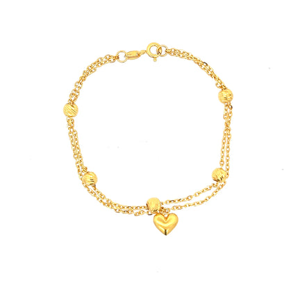 22ct Gold Double Chain Bracelet with Textured Beads and Heart