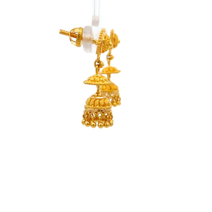22ct Gold Jhumka Drop Earrings with Domed Filigree Details